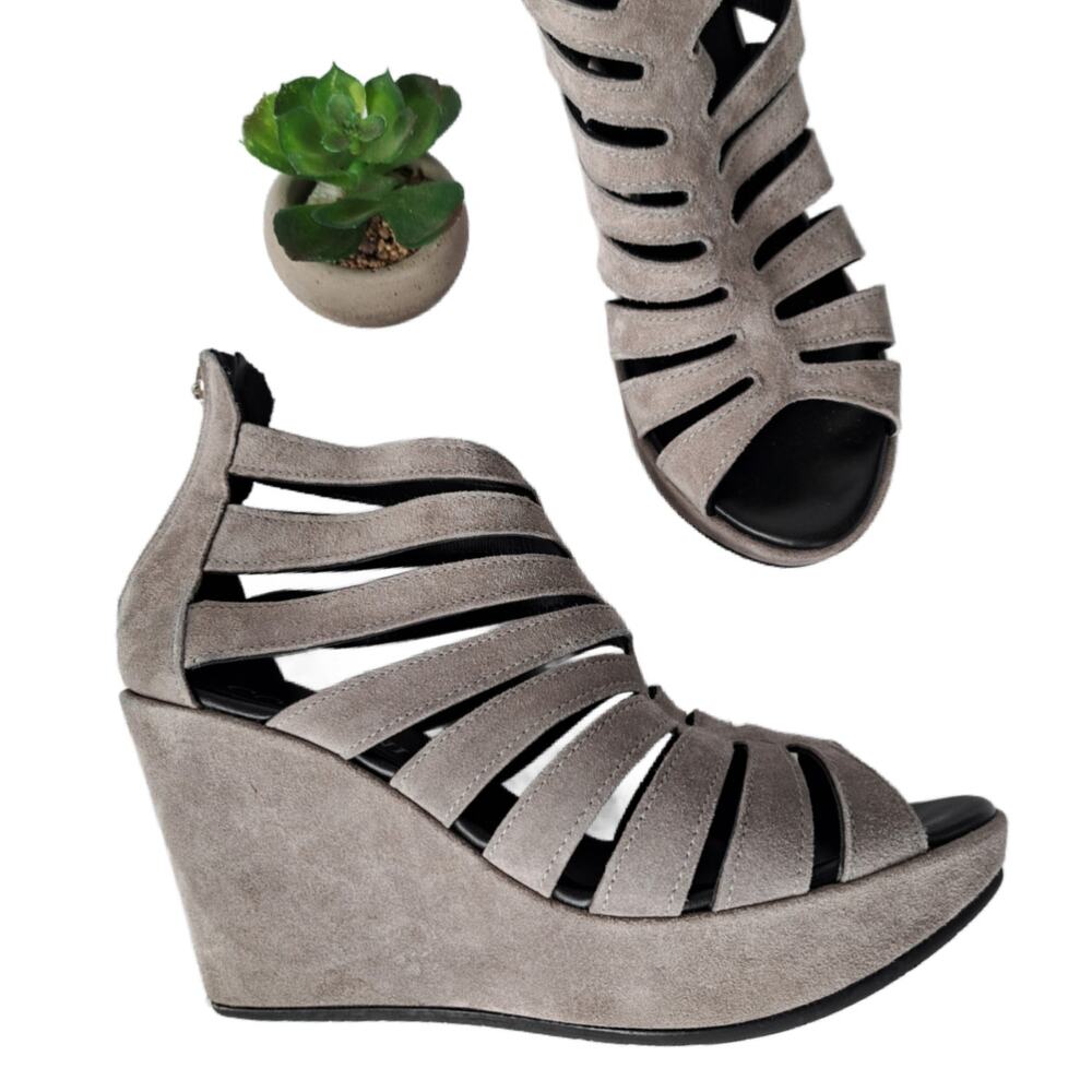 Cordani Electra Grey Suede Caged Cutout Wedge Heels Size 38 7.5/8 - Picture 1 of 10